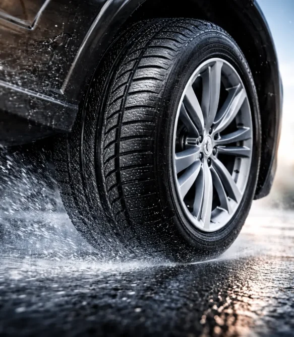 Tire gripping wet road surface